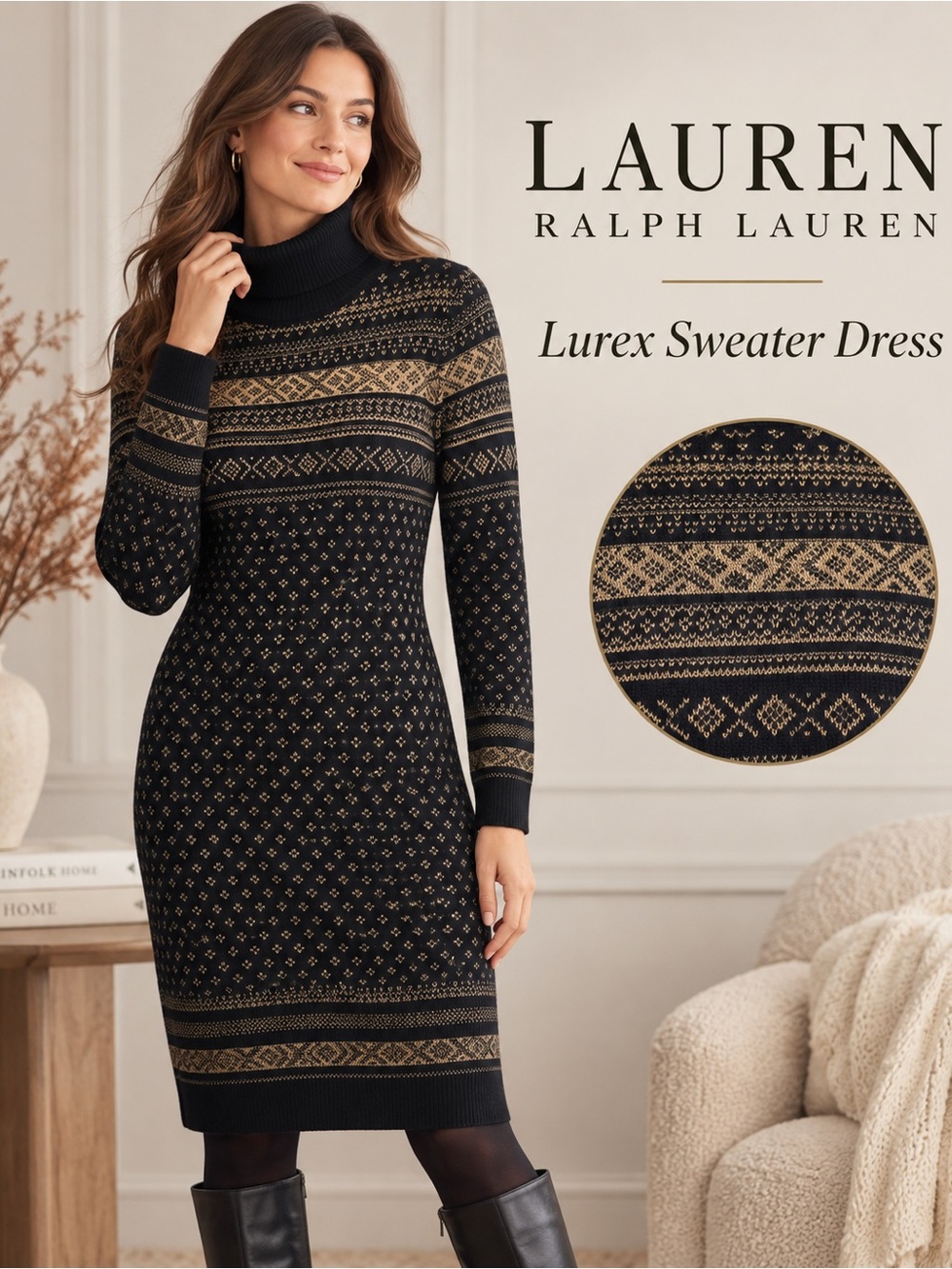 Lauren Ralph Lauren Black & Gold Patterned Lurex Turtleneck Dress